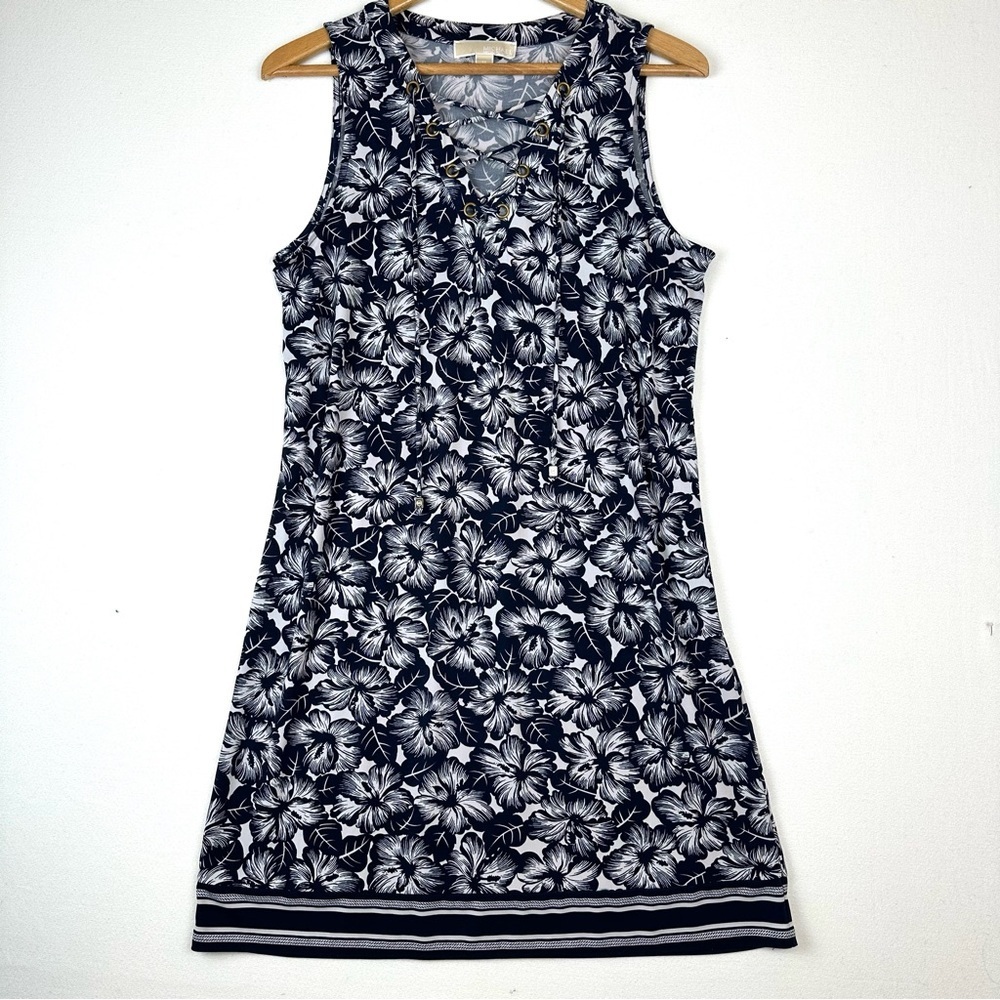 Michael Kors Lace Up Tank Midi Floral Dress Stretch Liquid Knit Summer